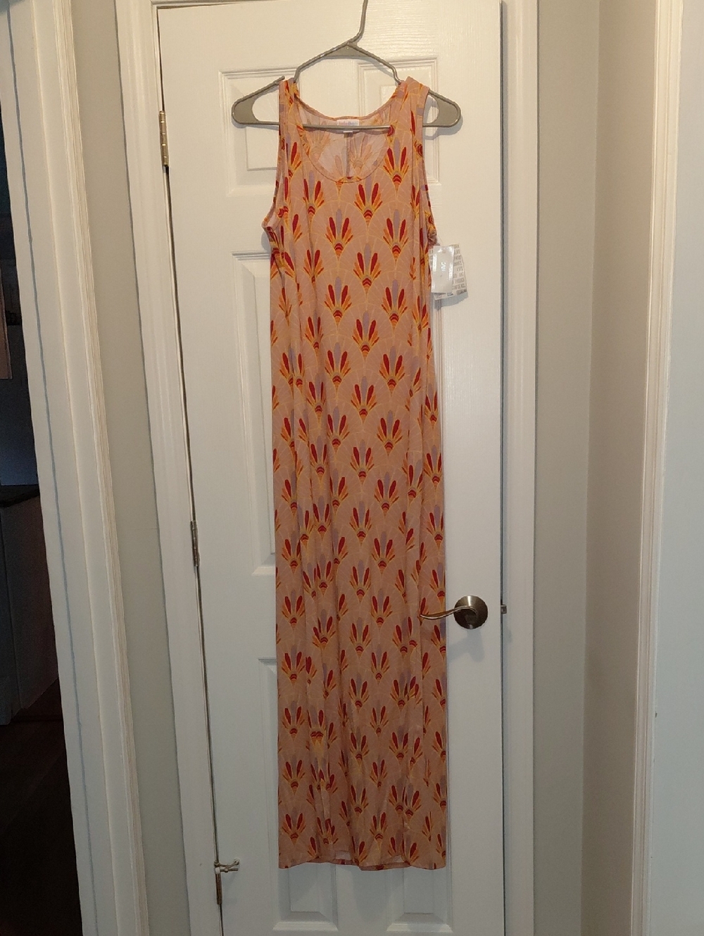 LuLaRoe Dani Maxi Dress in Peach with Red and Orange Print